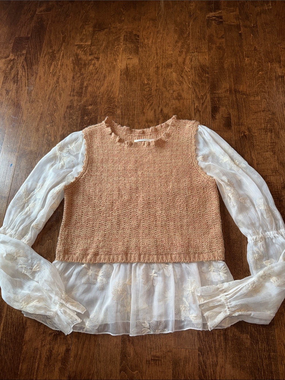 Anthropologie Peach Knit Cropped Shell with Cream Embroidered Blouse
